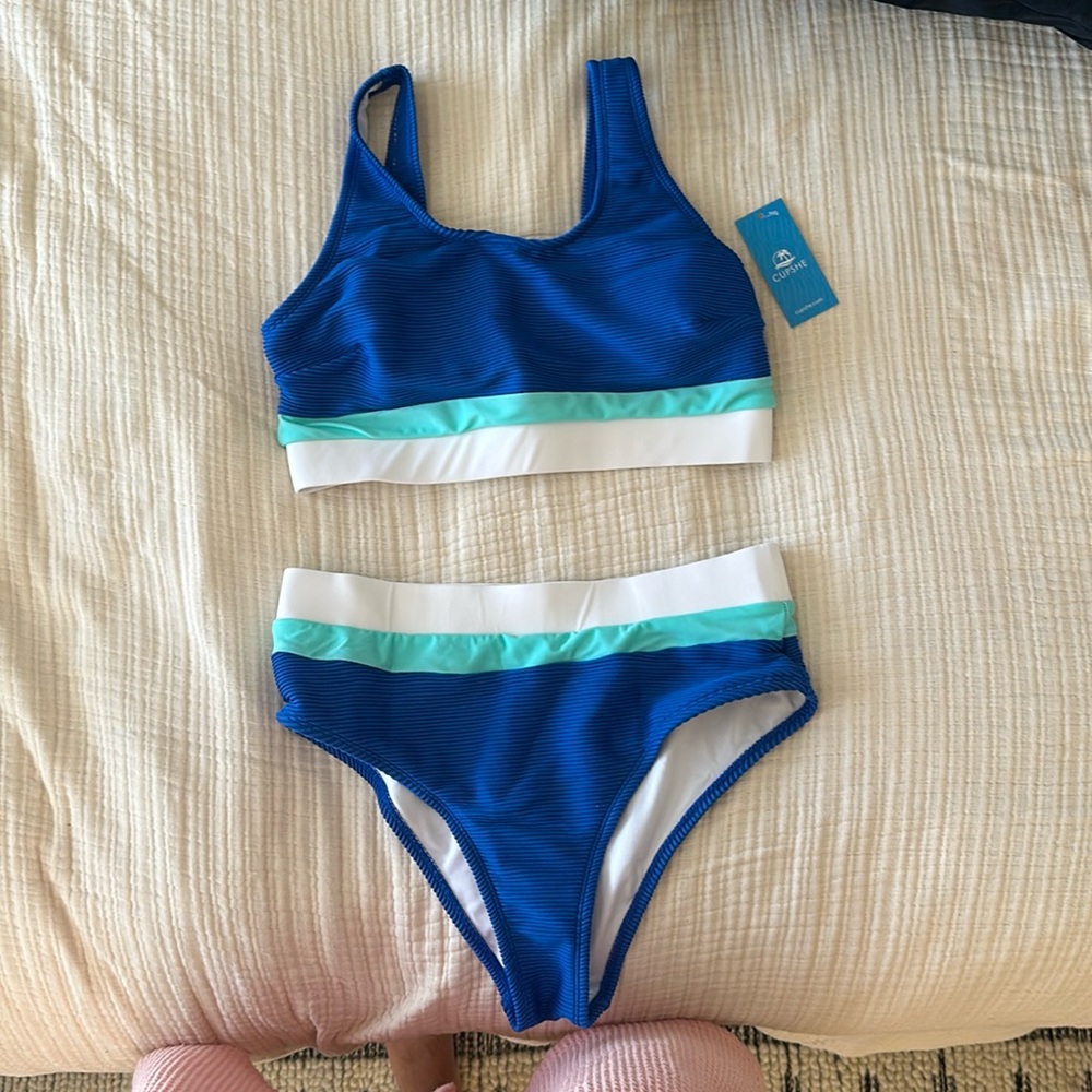 CUPSHE sunny blue color block bralette and banded high waist bikini set